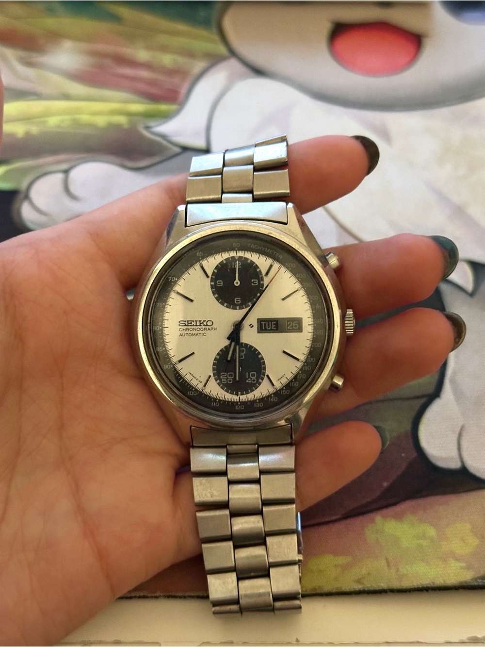 Vintage Seiko 5 Automatic Panda Chronograph with white dial and black subdials
